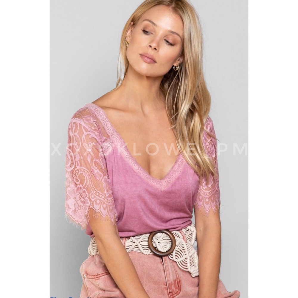 1 S POL Pinky Buttery Soft Lace Sleeve V Neck Tee - Picture 7 of 15